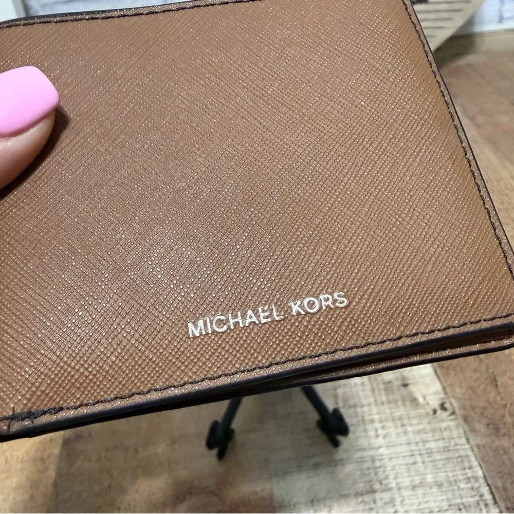 Michael Kors brown saffiano leather bifold wallet